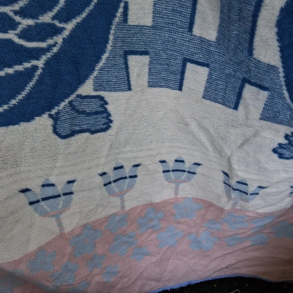 Vintage 80s‎ 90s Mora Goose Geese Soft Blanket Country Blue Dusty Rose Tulips...